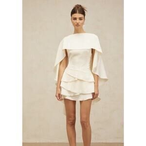Miss Rosier Lyna White Satin Ruffled Mini Dress Shawl Cape Panel Detail Bride XL